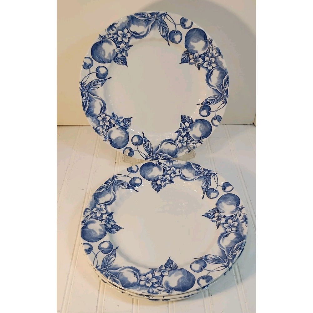4 VTG Wood & Sons Ironstone Blue Fruit Dinner Plate Transferware England Scallop